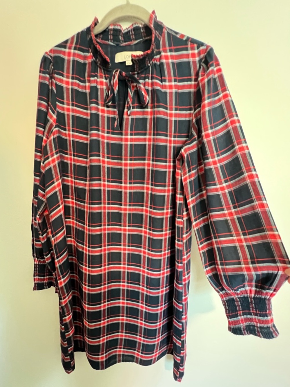 LOFT Red and Navy Plaid Long Sleeve Dress